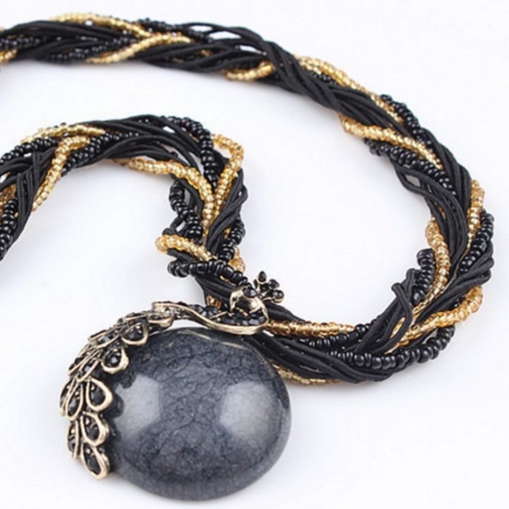 ❤️ NEW Necklace Black & Gold Phoenix Peacock Beaded Natural Stone, Crystals